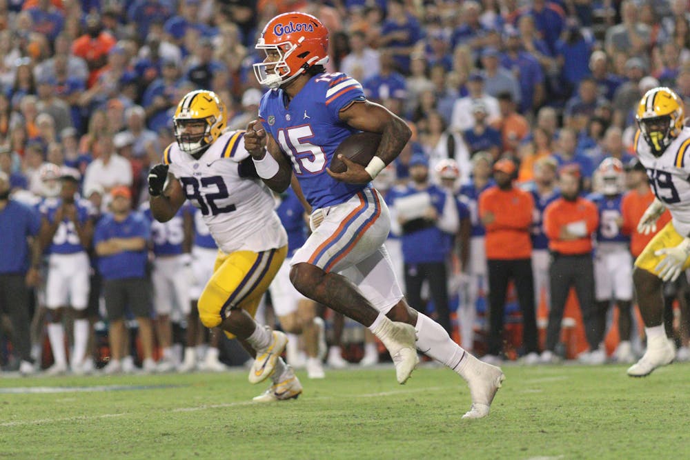 Florida quarterback Anthony Richardson during the second half of the Gators' 45-35 loss to the LSU Tigers Saturday, Oct. 15, 2022. He broke off an 81-yard touchdown in the fourth quarter, but his team's comeback hopes fell short. 