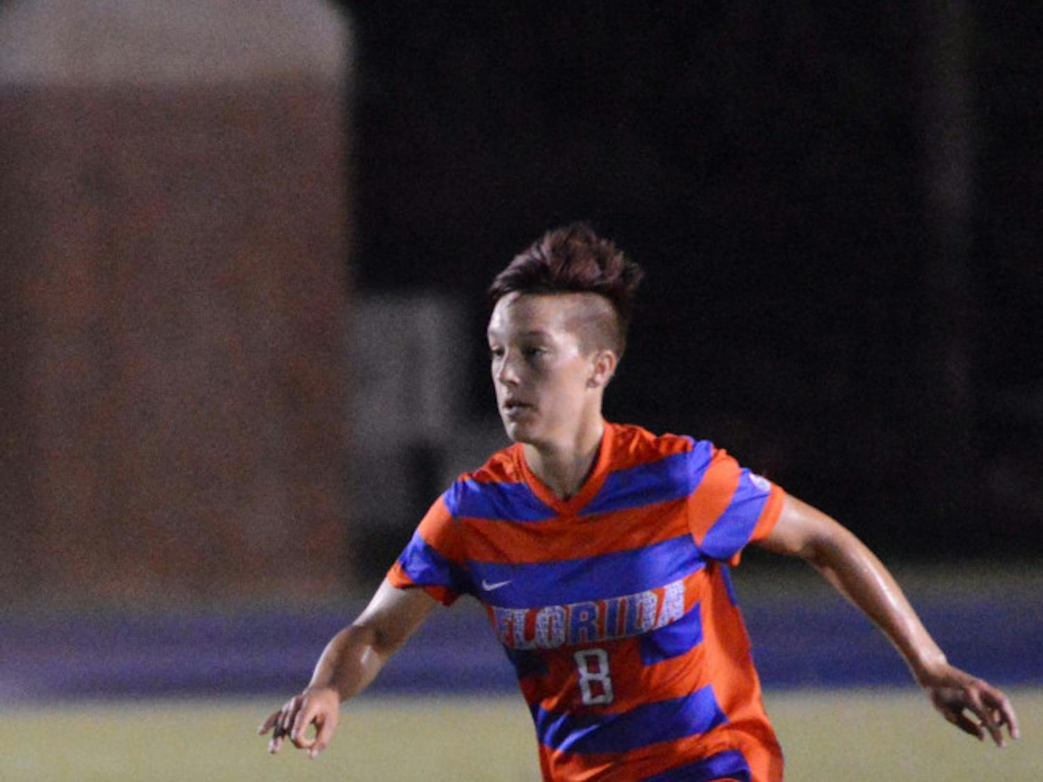 Claire Falknor dribbles the ball during Florida's 3-0 win against Miami on Aug. 22 at James G. Pressly Stadium.