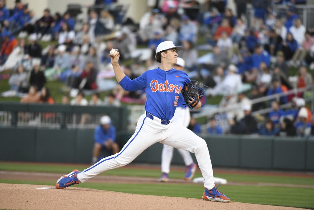 Gators baseball freshman pitcher Liam Peterson strides to the plate in the team's win over Columbia University on Saturday, February 24, 2024. 