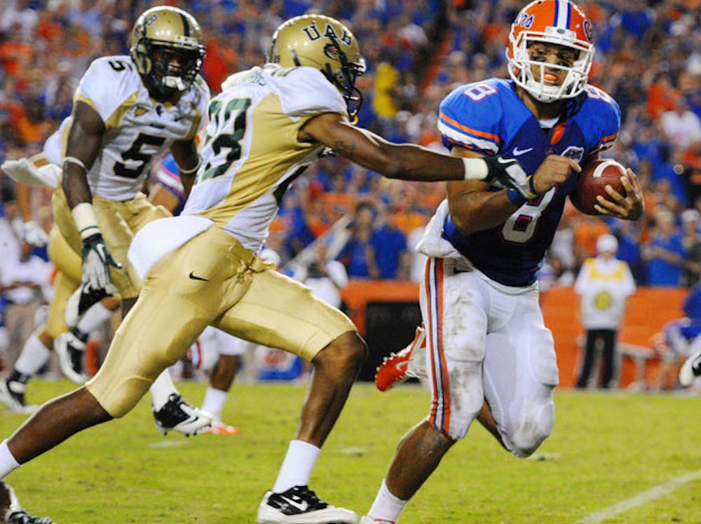 <p>Gators fullback Trey Burton was part of a diverse rushing attack in UF’s 39-0 win against UAB on Saturday. In all, Florida ran the ball 55 times for 300 yards and unveiled several new packages, including the Wildcat.</p>