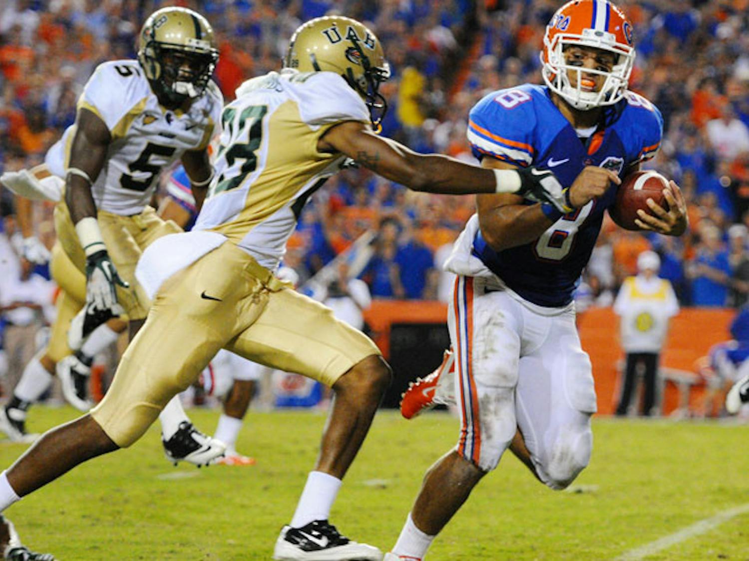 Gators fullback Trey Burton was part of a diverse rushing attack in UF’s 39-0 win against UAB on Saturday. In all, Florida ran the ball 55 times for 300 yards and unveiled several new packages, including the Wildcat.