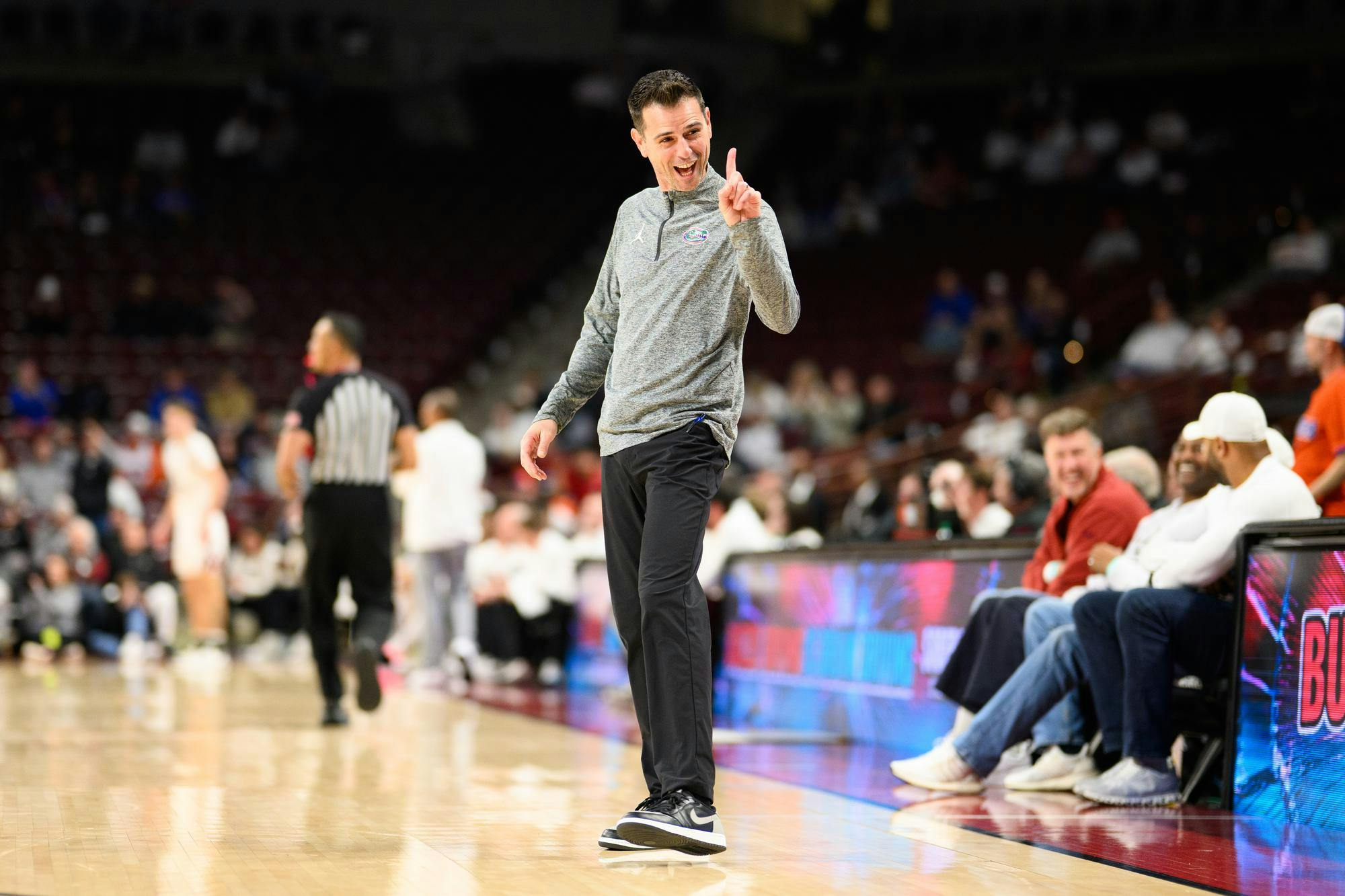 Florida head coach Todd Golden wags his finger after center Viktor Mikic made one free throw to deny South Carolina fans free Chick-Fil-A during the second half of an NCAA college basketball game against South Carolina, Wednesday, Jan. 28, 2026, in Columbia, S.C.