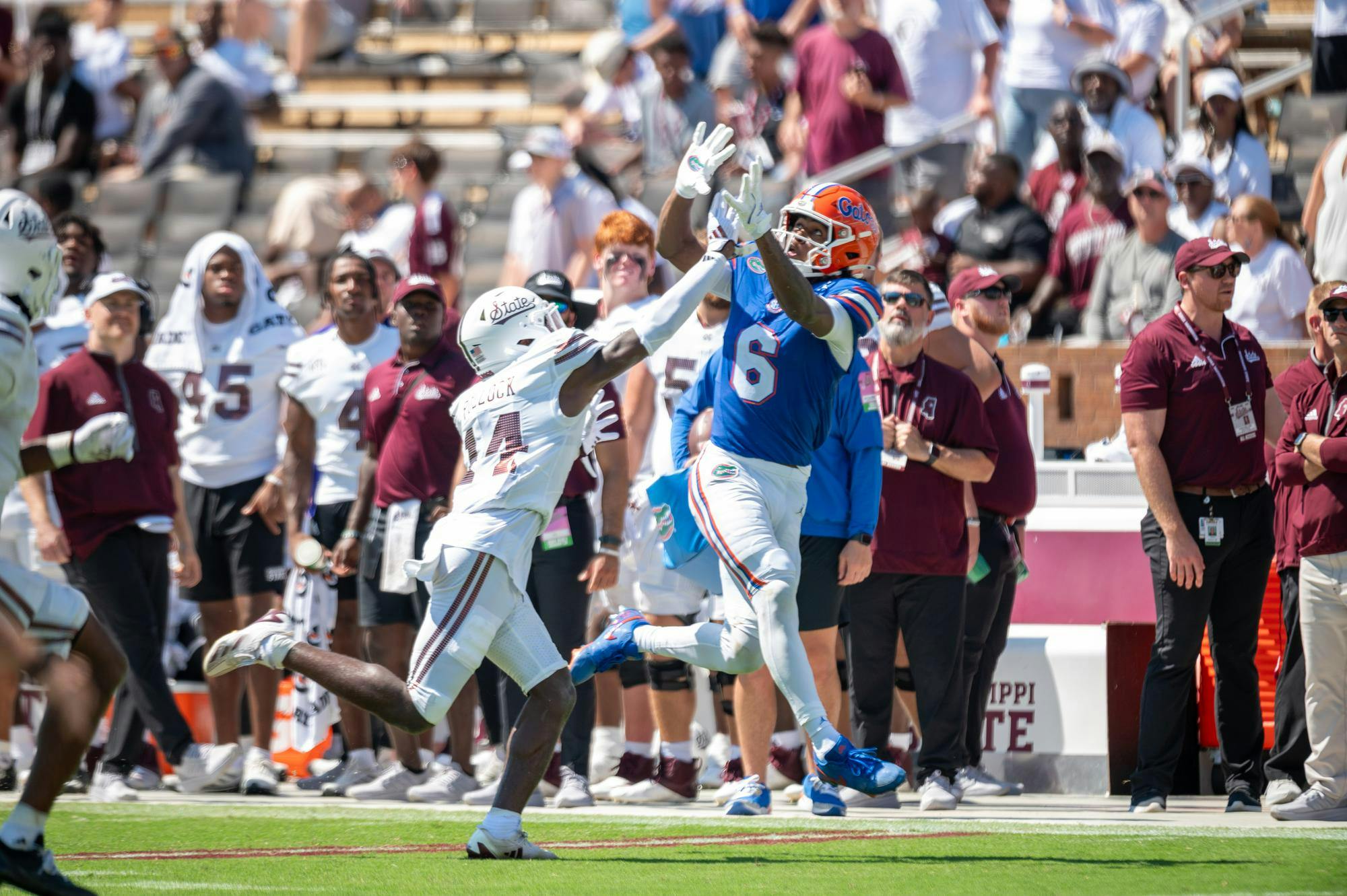 Florida wide receiver Elijhah Badger reaches out to catch a pass during the Gators' game vs. the Mississippi State Bulldogs on Saturday, Sept. 21.