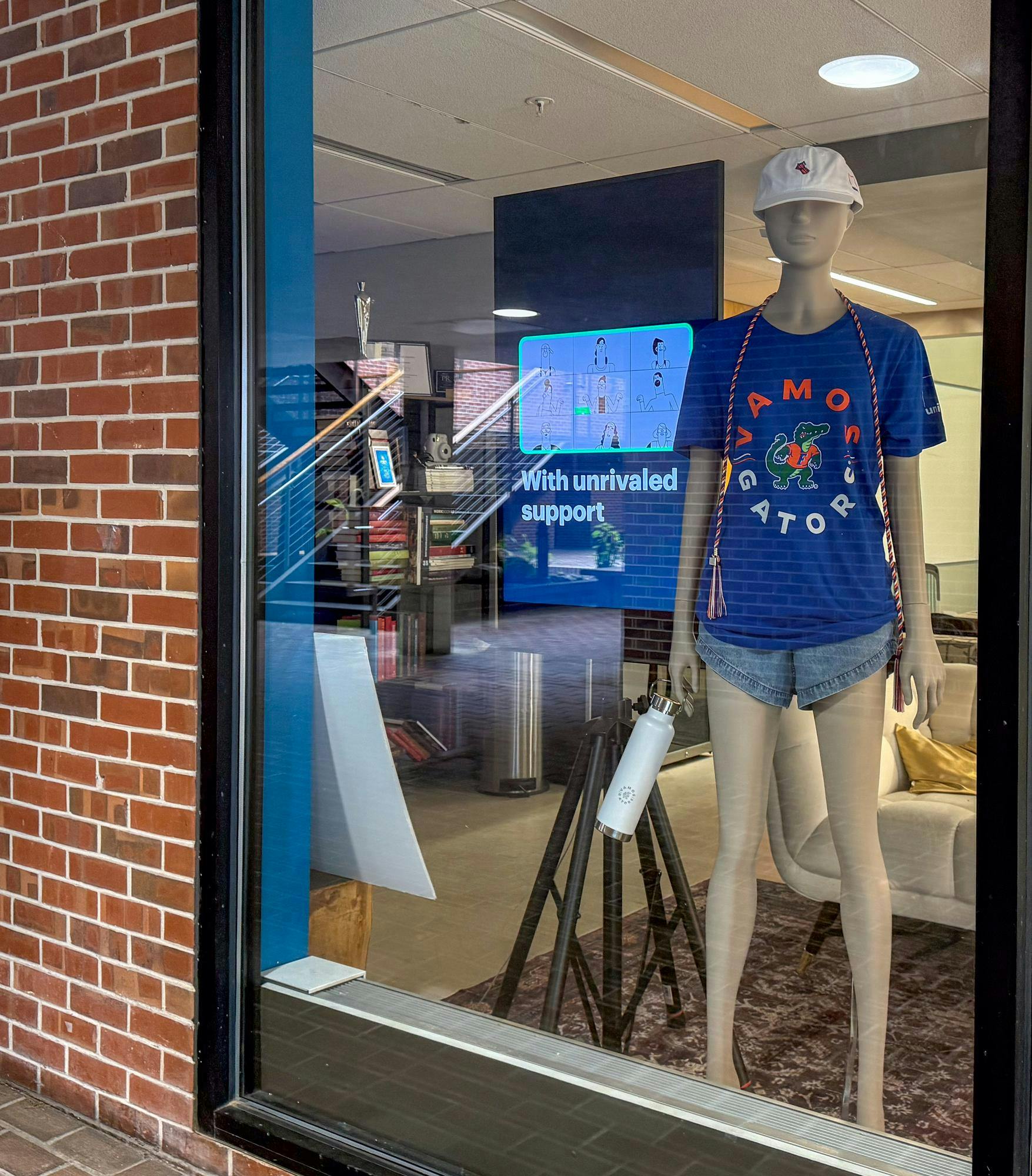 A mannequin wearing a 'Vamos Gators' shirt stands inside the Weimer Atrium, Thursday, March 12, 2026, in Gainesville, Fla.