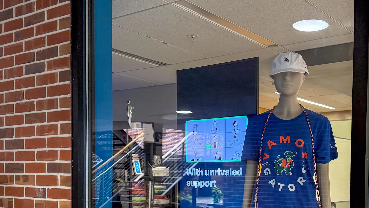 A mannequin wearing a 'Vamos Gators' shirt stands inside the Weimer Atrium, Thursday, March 12, 2026, in Gainesville, Fla.