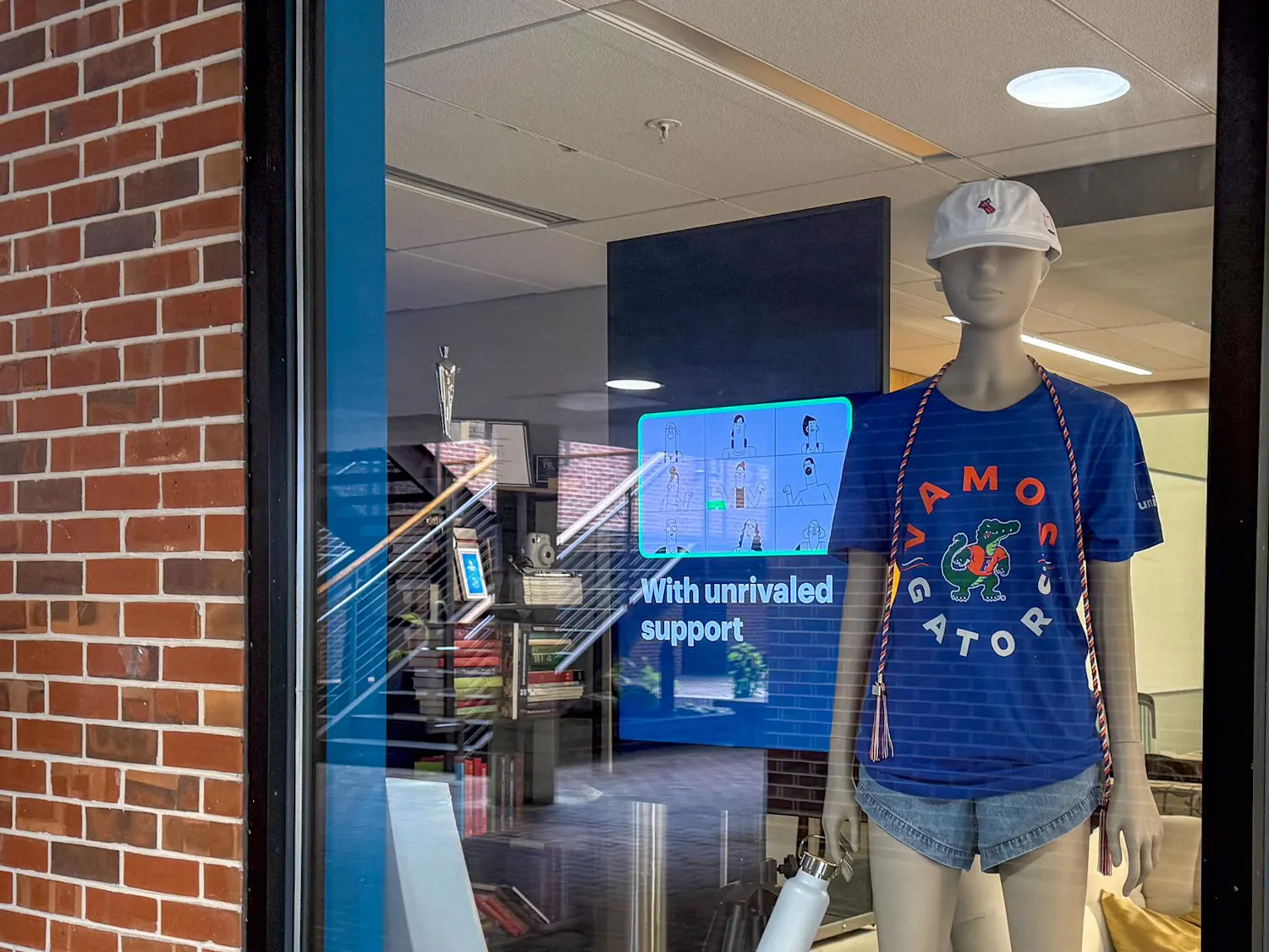 A mannequin wearing a 'Vamos Gators' shirt stands inside the Weimer Atrium, Thursday, March 12, 2026, in Gainesville, Fla.