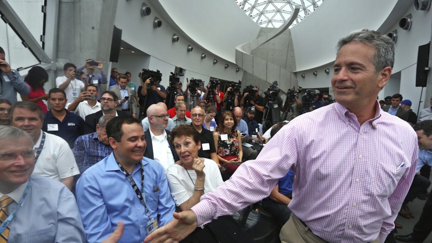 Tampa Bay Rays Principal Owner Stuart Sternberg greets people before a press conference at the Dali Museum in St. Petersburg, Fla., Tuesday, June 25, 2019. Sternberg spoke about exploring the prospect of playing some future home games in Montreal.