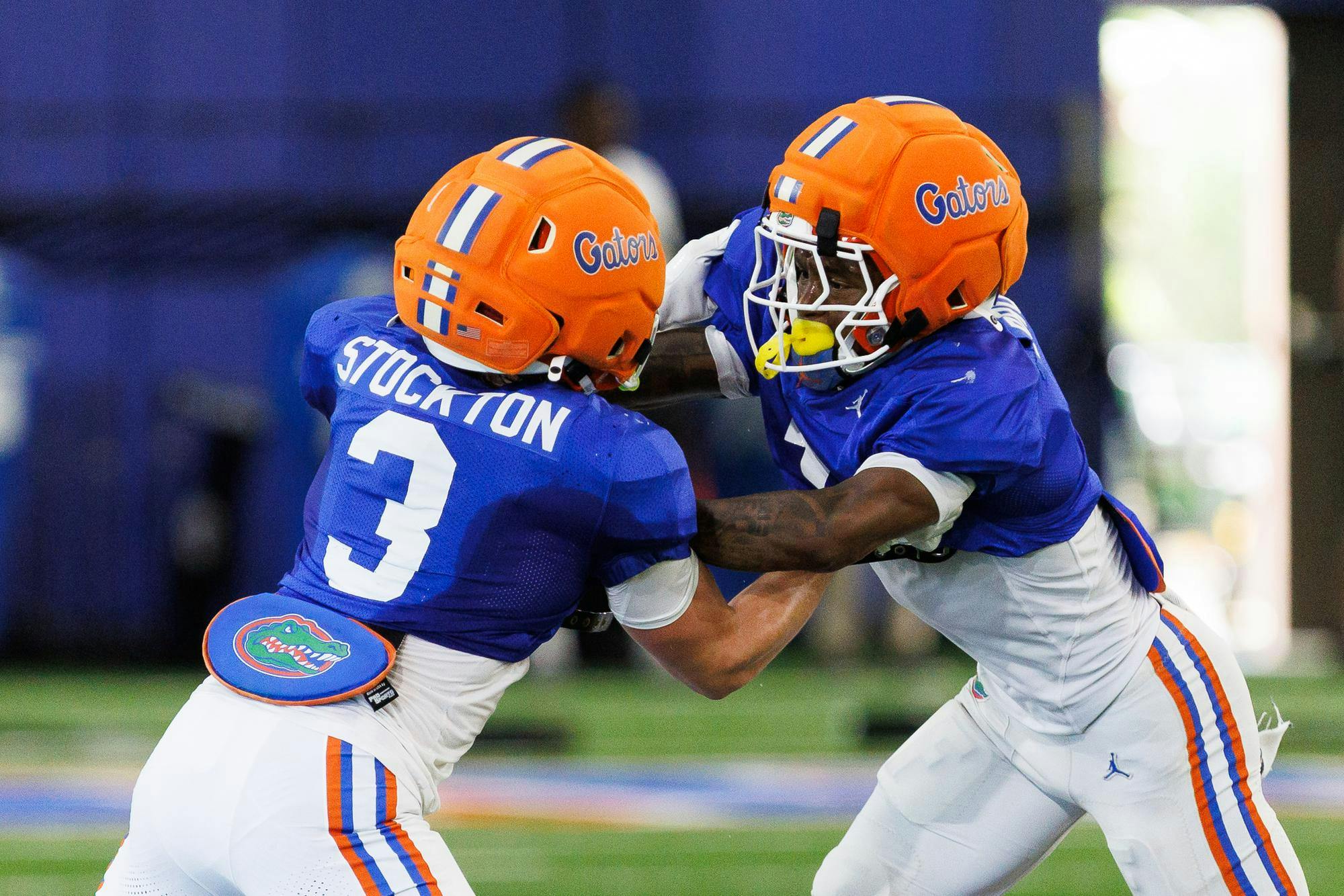 Florida Gators wide reciever Bailey Stockton and Florida Gators wide reciever Vernell Brown III take part in a blocking drill during a spring practice, Thursday, April 2, 2026, in Gainesville, Fla.