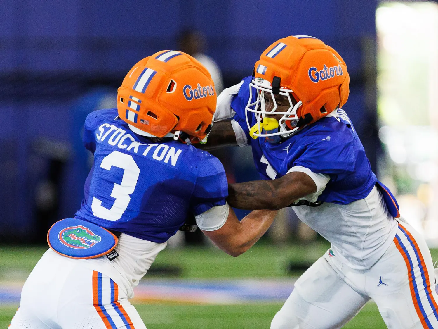 Florida Gators wide reciever Bailey Stockton and Florida Gators wide reciever Vernell Brown III take part in a blocking drill during a spring practice, Thursday, April 2, 2026, in Gainesville, Fla.