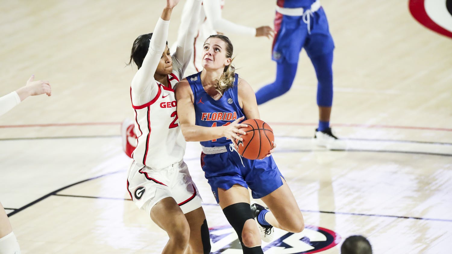 Gators guard Kristina Moore was energetic at Sunday’s game against Georgia, making 11 points. Photo courtesy of the SEC Media Portal.
