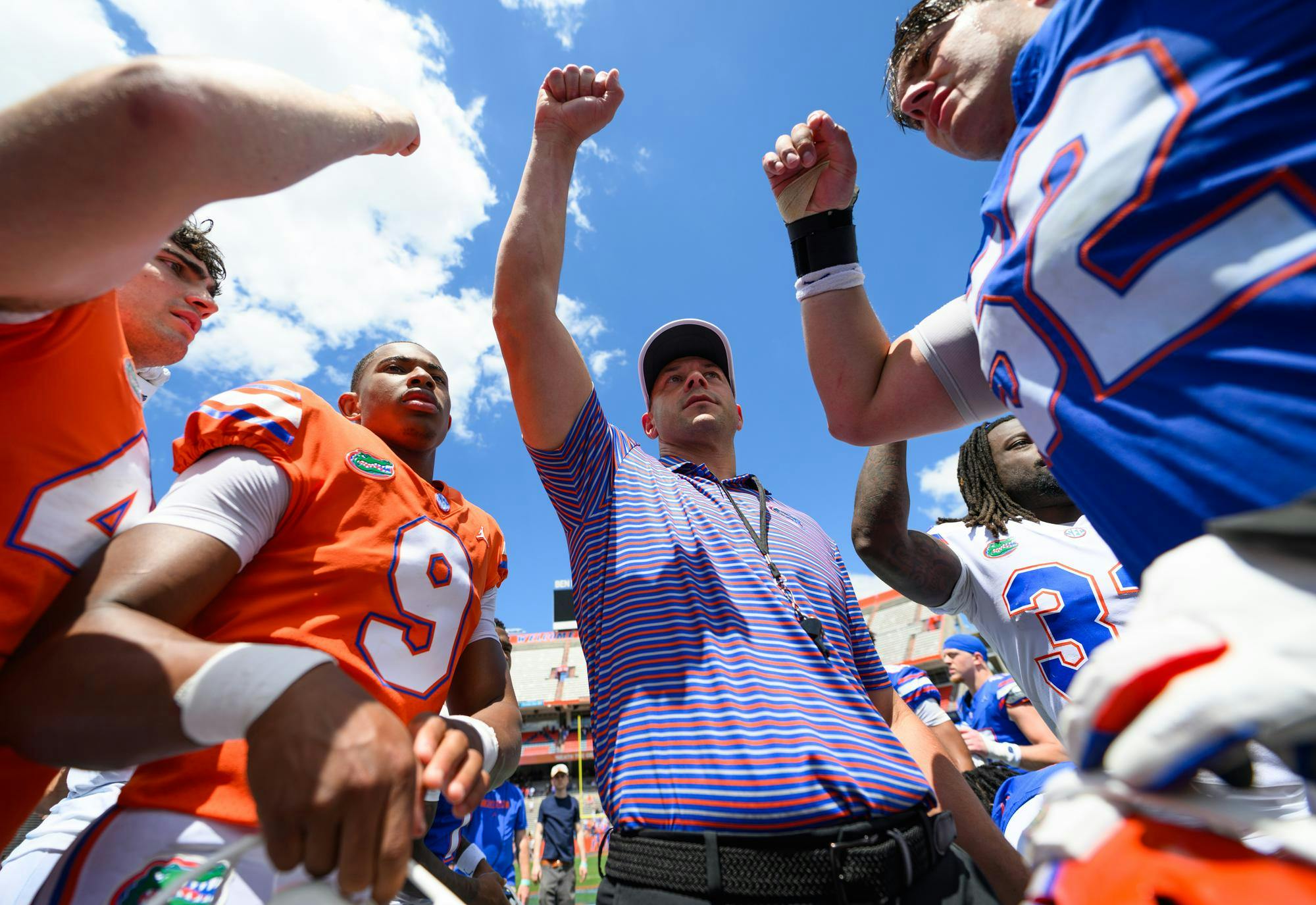 Florida head coach Jon Sumrall breaks the post-game huddle after the Orange & Blue spring football game, Saturday, April 11, 2026, in Gainesville, Fla.
