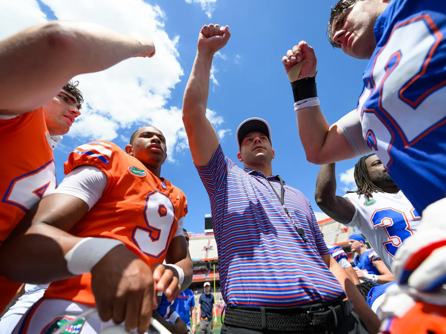 Florida head coach Jon Sumrall breaks the post-game huddle after the Orange & Blue spring football game, Saturday, April 11, 2026, in Gainesville, Fla.