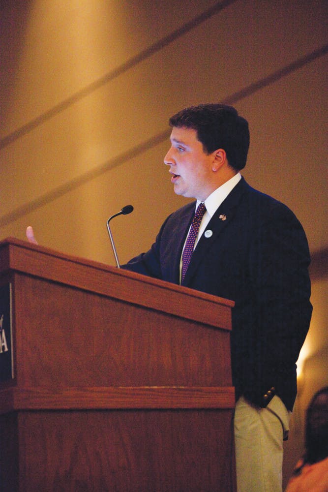 UF Student Body President Tj Villamil gives the State of the Campus address Tuesday night in the Reitz Union Grand Ballroom.