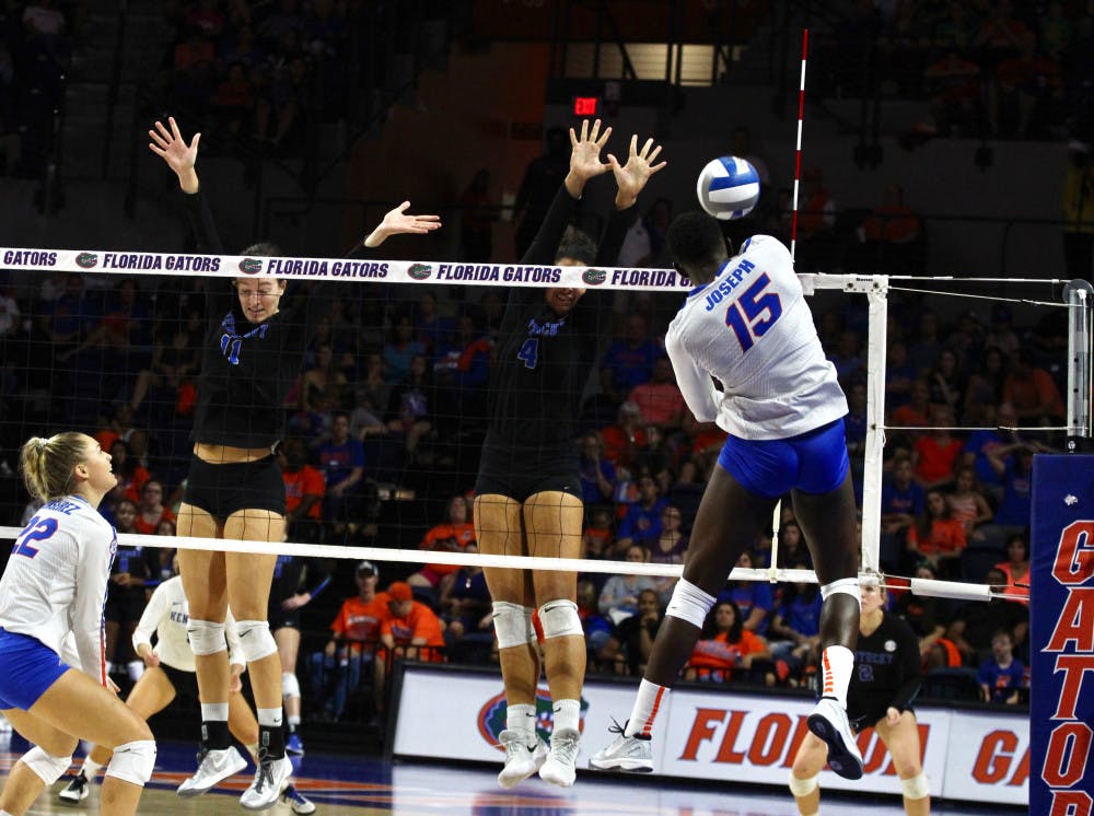 <p>UF's Shainah Joseph recorded 19 kills in Florida's 3-1 win over Miami in the second round of the NCAA Tournament on Friday at the O'Connell Center.</p>