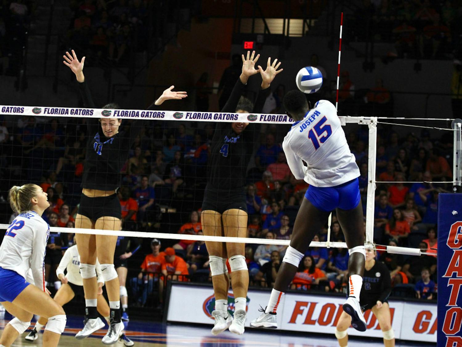 UF's Shainah Joseph recorded 19 kills in Florida's 3-1 win over Miami in the second round of the NCAA Tournament on Friday at the O'Connell Center.