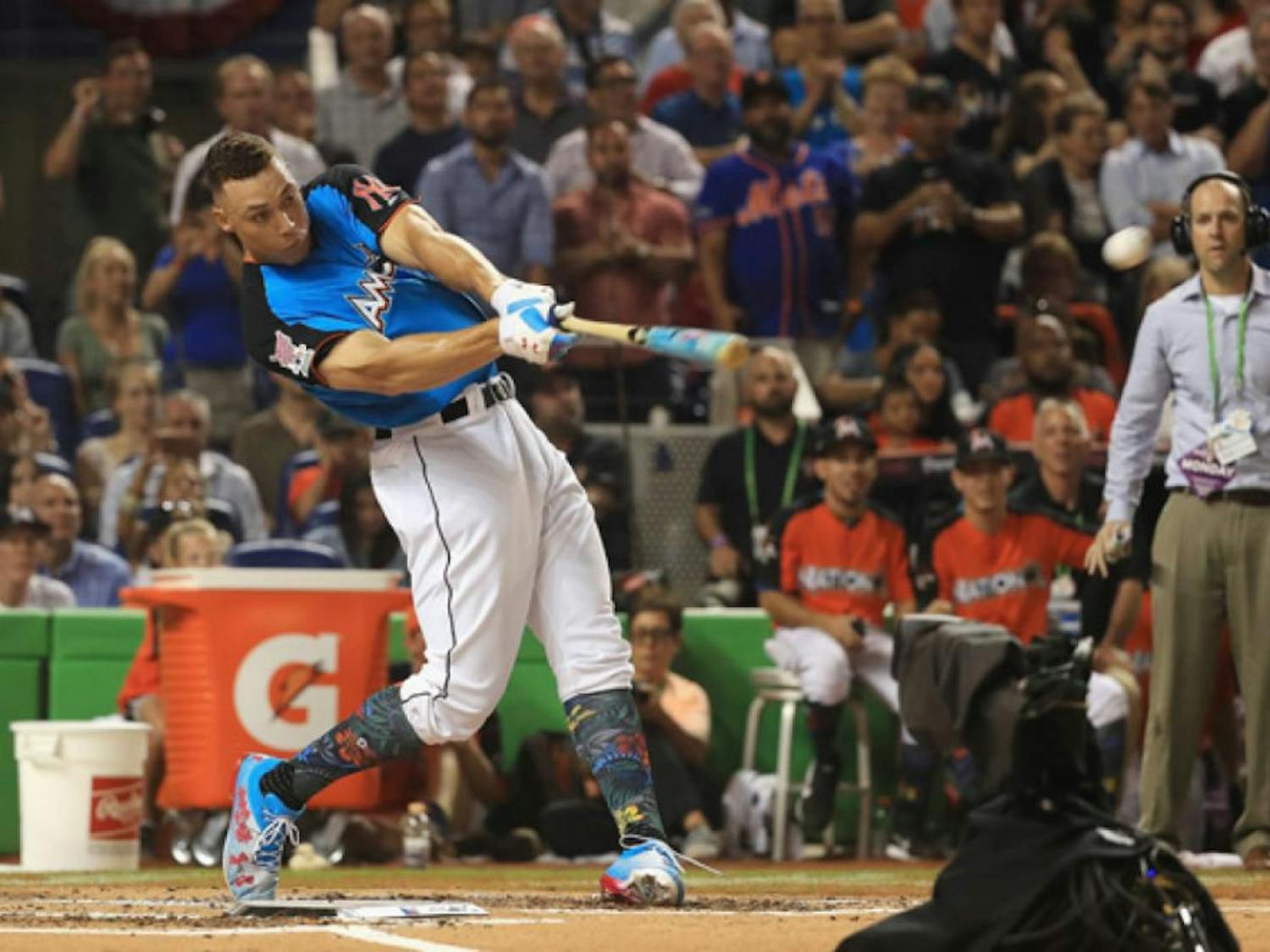 Yankees outfielder Aaron Judge swings during the 2017 MLB Home Run Derby on Monday night in Miami. Judge hit 47 home runs over three rounds to win the competition.