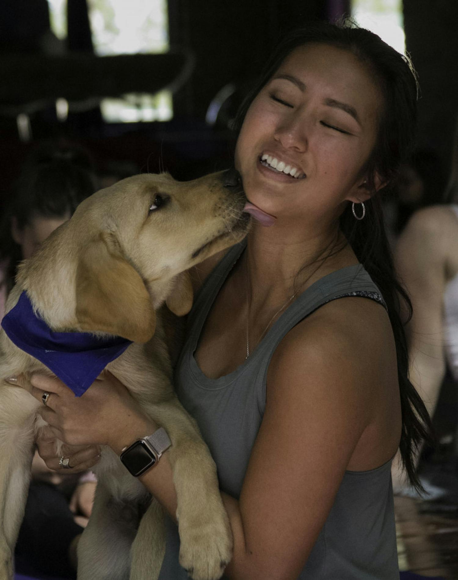 On Sunday afternoon, January 26, 2020, in collaboration with the UF Puppy Club, a student organization that supports Southeastern guide dogs, the yoga center Flow Space held a Puppy Yoga class.