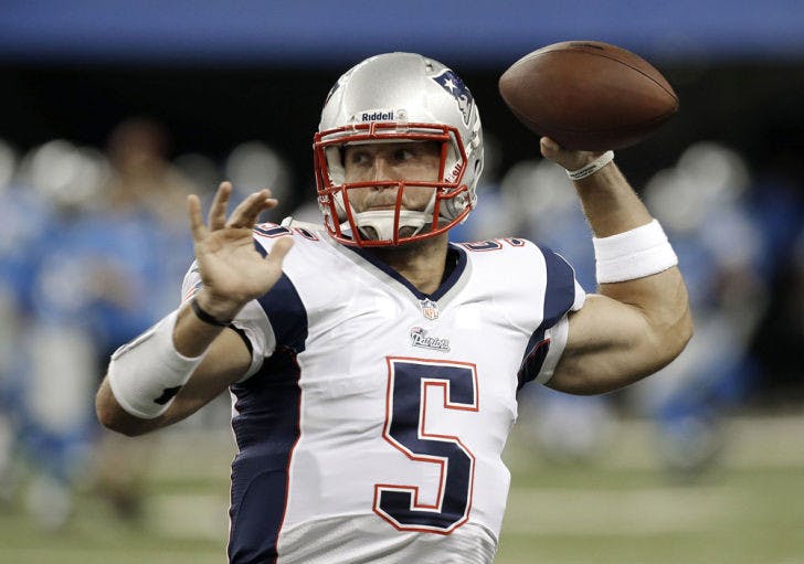 Tim&nbsp;Tebow throws a pass during warm-ups before a preseason game against the Detroit Lions on Aug. 27. The New England Patriots released Tebow on Aug. 31.