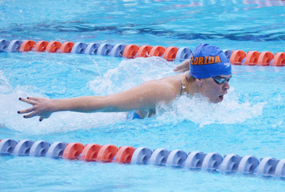 <p>Senior Elizabeth Beisel competes in the 200-yard butterfly during Florida’s match against Auburn on Jan. 25 in the O’Connell Center. Beisel will compete in the 400 IM today.</p>