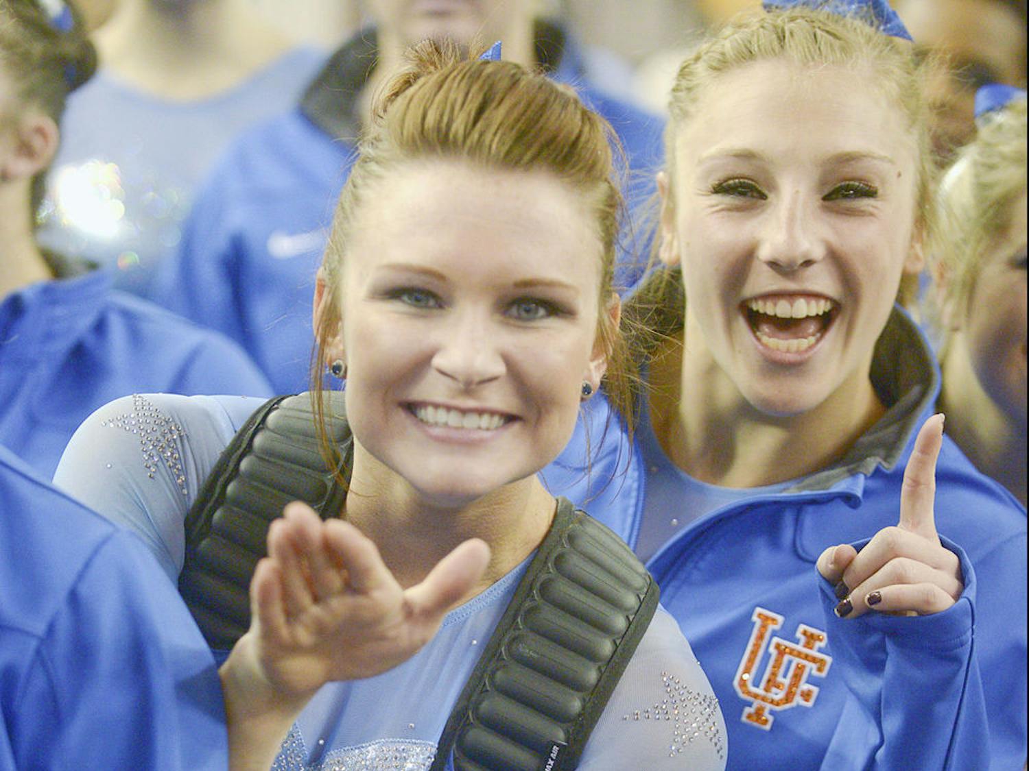 Florida junior all-arounder Bridget Sloan and freshman all-arounder Alex McMurtry celebrate after competeing on vault during the 2015 NCAA gymnastics championships on Saturday in Fort Worth, Texas.