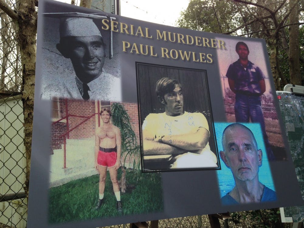 <p>A poster with photos of Paul Rowles is on display at the Alachua County Sheriff's Office press conference about the Tiffany Sessions case.</p>