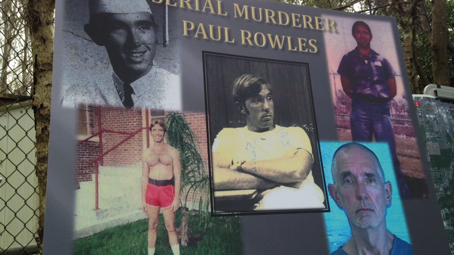 A poster with photos of Paul Rowles is on display at the Alachua County Sheriff's Office press conference about the Tiffany Sessions case.