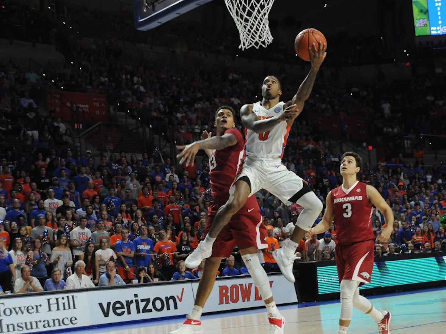 UF guard Kasey Hill attempts a lay-up during Florida's 78-65 win against Arkansas on March 1, 2017, in the O'Connell Center. 