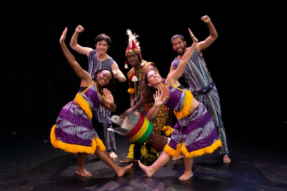 <p class="p1">Pictured left to right: Dancers Diamia Foster, Daniel Morimoto, Amanda Ruiz and Larry Rosalez Lewis with drummer Aboubacar Soumah pose in costume for the Agbedidi performance. You can see it this weekend at the Constans Theatre at $17 for the general public and $13 for students.</p>