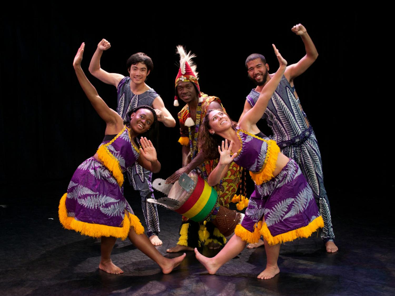 Pictured left to right: Dancers Diamia Foster, Daniel Morimoto, Amanda Ruiz and Larry Rosalez Lewis with drummer Aboubacar Soumah pose in costume for the Agbedidi performance. You can see it this weekend at the Constans Theatre at $17 for the general public and $13 for students.