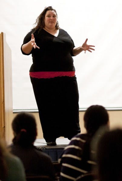 Ragen Chastain, three-time national championship dancer, author and motivational speaker, talks about positive body image in the Rion Ballroom on Tuesday night.