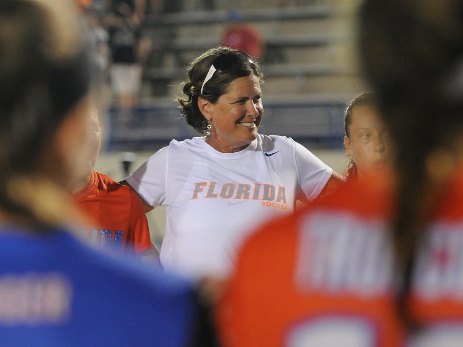 UF soccer coach Becky Burleigh talks with her team following Florida's 5-2 win against Iowa State on Aug. 19, 2016, at James G. Pressly Stadium.
