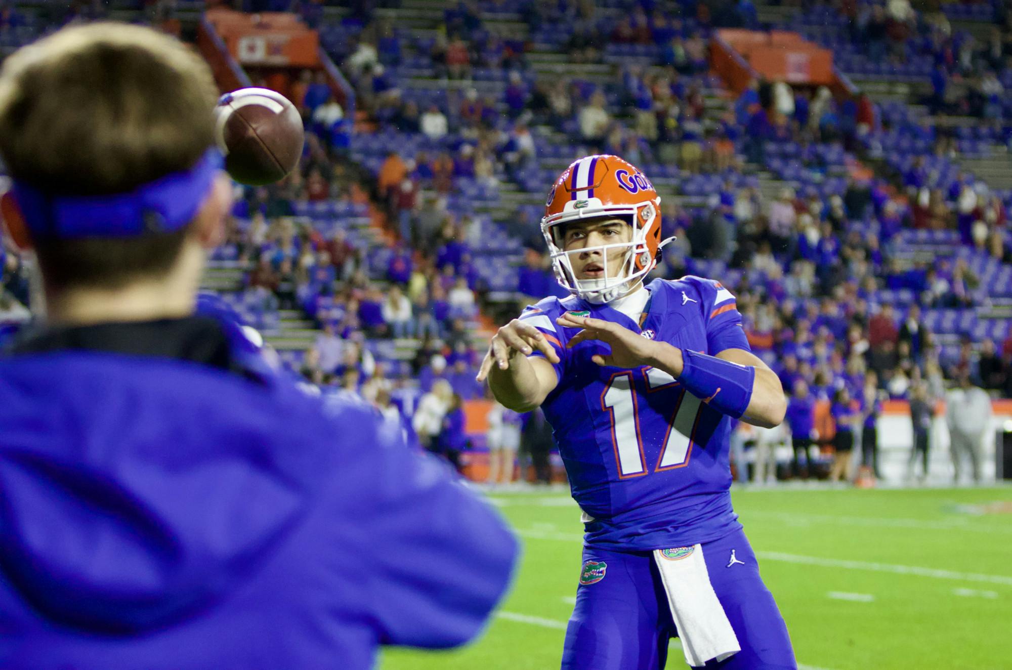 Florida quarterback Max Brown warms up ahead of the Gators matchup with the No. 5 Florida State Seminoles on Saturday, Nov. 25, 2023.