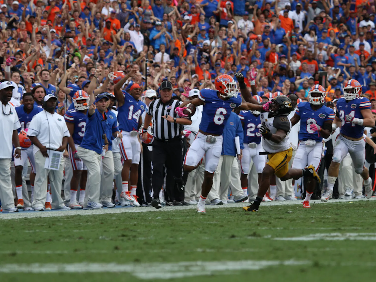Quincy Wilson (6) stiff-arms a Missouri defender after intercepting a pass during Florida's 40-14 homecoming win over Missouri on Oct. 15, 2016, at Ben Hill Griffin Stadium.