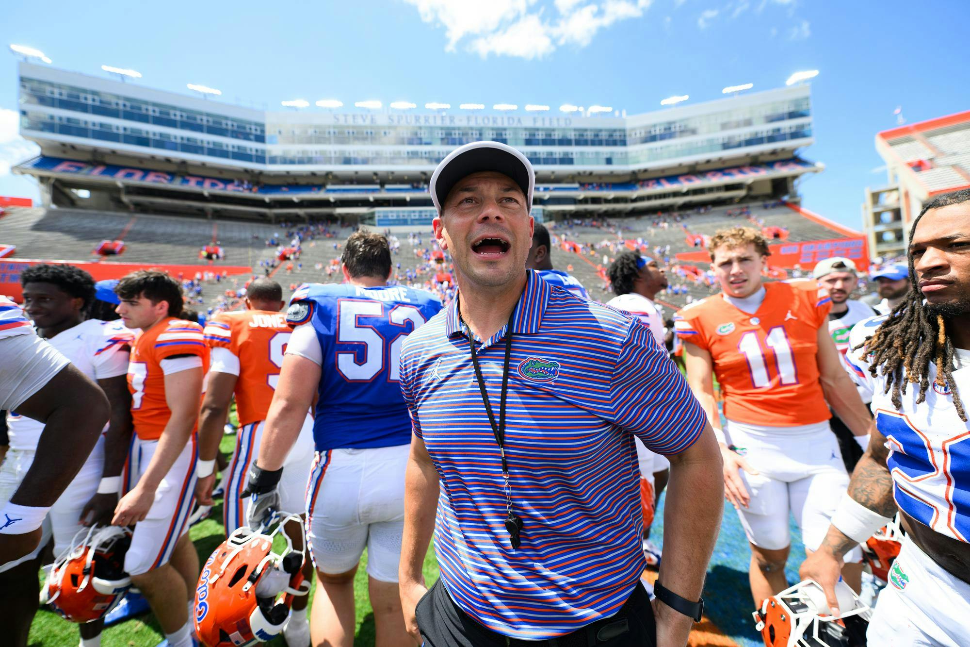 Florida head coach Jon Sumrall after the Orange & Blue spring football game, Saturday, April 11, 2026, in Gainesville, Fla.