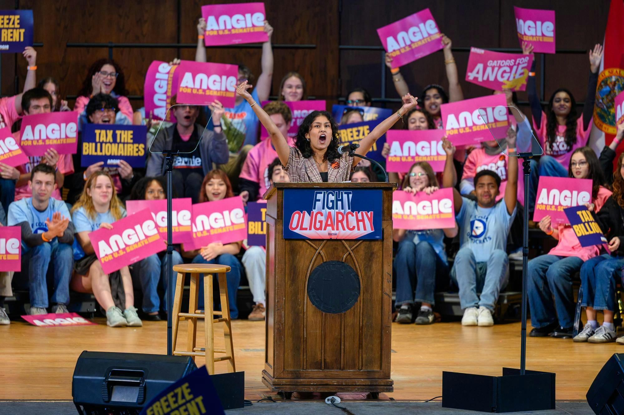 A speaker gestures to attendees at a rally in UF’s University Auditorium, Sunday, Oct. 18, 2026, in Gainesville, Fla.