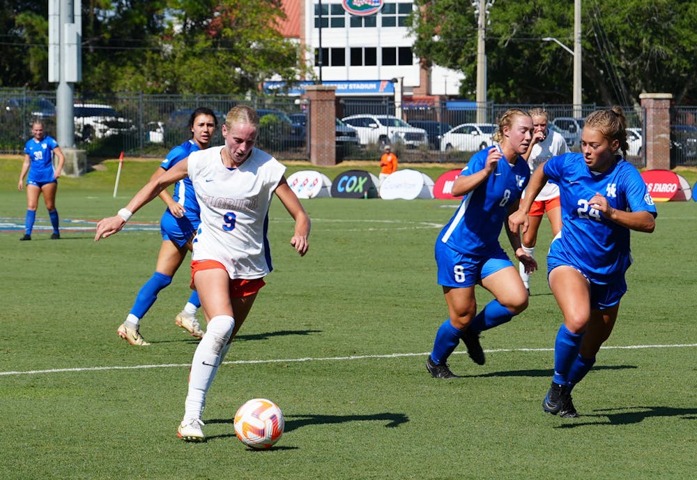 Senior defender Josie Curtis dribbles the ball down the field in the Gators' 1-1 draw with the Kentucky Wildcats on Sunday, Sept. 24, 2023. 