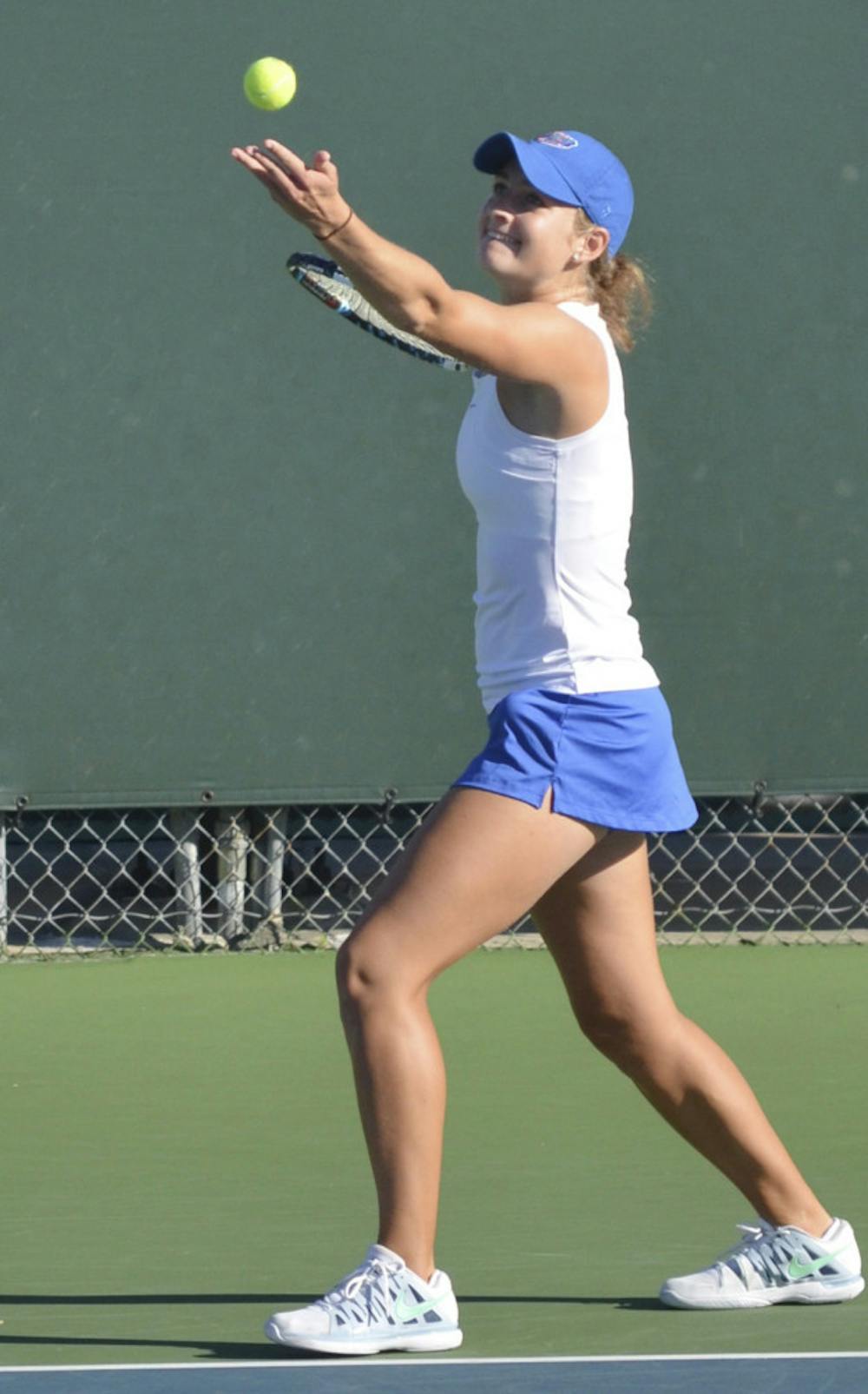 <p>Kourtney Keegan serves the ball at the Bedford Cup on Oct. 11, 2013, at the Ring Tennis Complex. Keegan will look to anchor UF during the SEC Tournament.</p>
