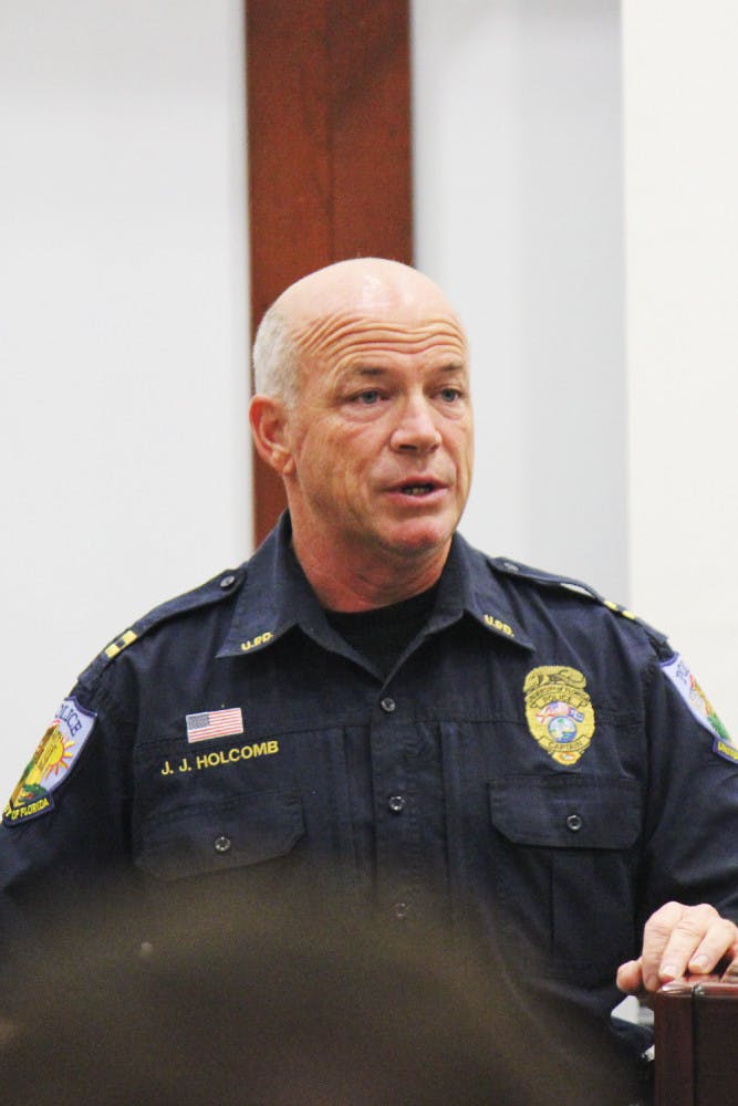 University Police Capt. J.J. Holcomb announces to the UF Student Senate on Tuesday that if approved, Student Nighttime Auxiliary Patrol vans available will double to eight to reduce wait time and increase the system’s efficiency. 