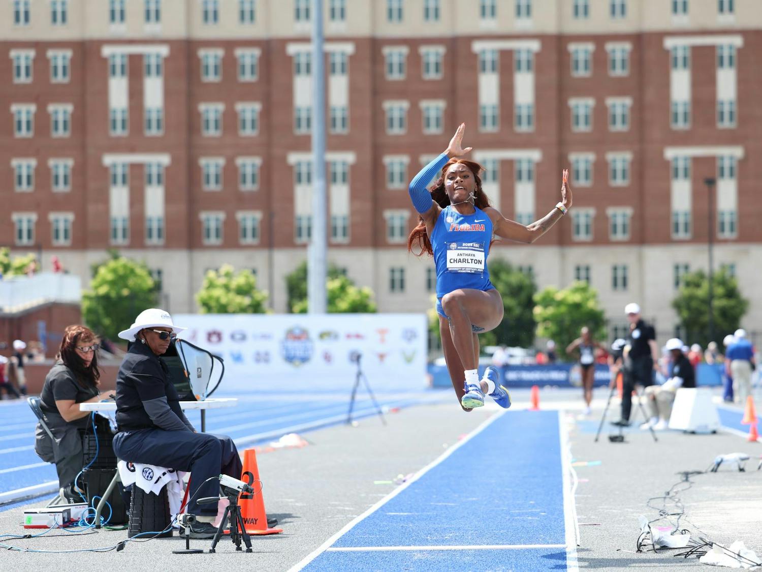 Senior Anthaya Charlton leaps during the long jump at the SEC Outdoor Championships on May 16, 2025.
