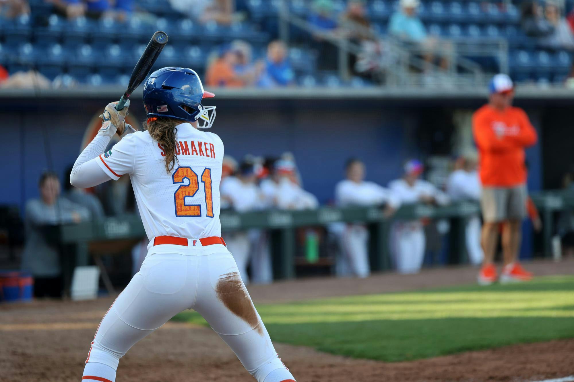 Florida outfielder Taylor Shumaker (21) prepares to bat during a game against Longwood at Katie Seashole Pressly Stadium in Gainesville, Fla., on Friday, Feb. 20, 2025.