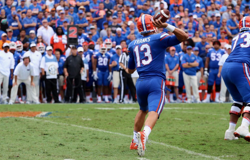 <p>UF quarterback Feleipe Franks throws the ball during Florida's 26-20 win against Tennessee on Saturday at Ben Hill Griffin Stadium.</p>