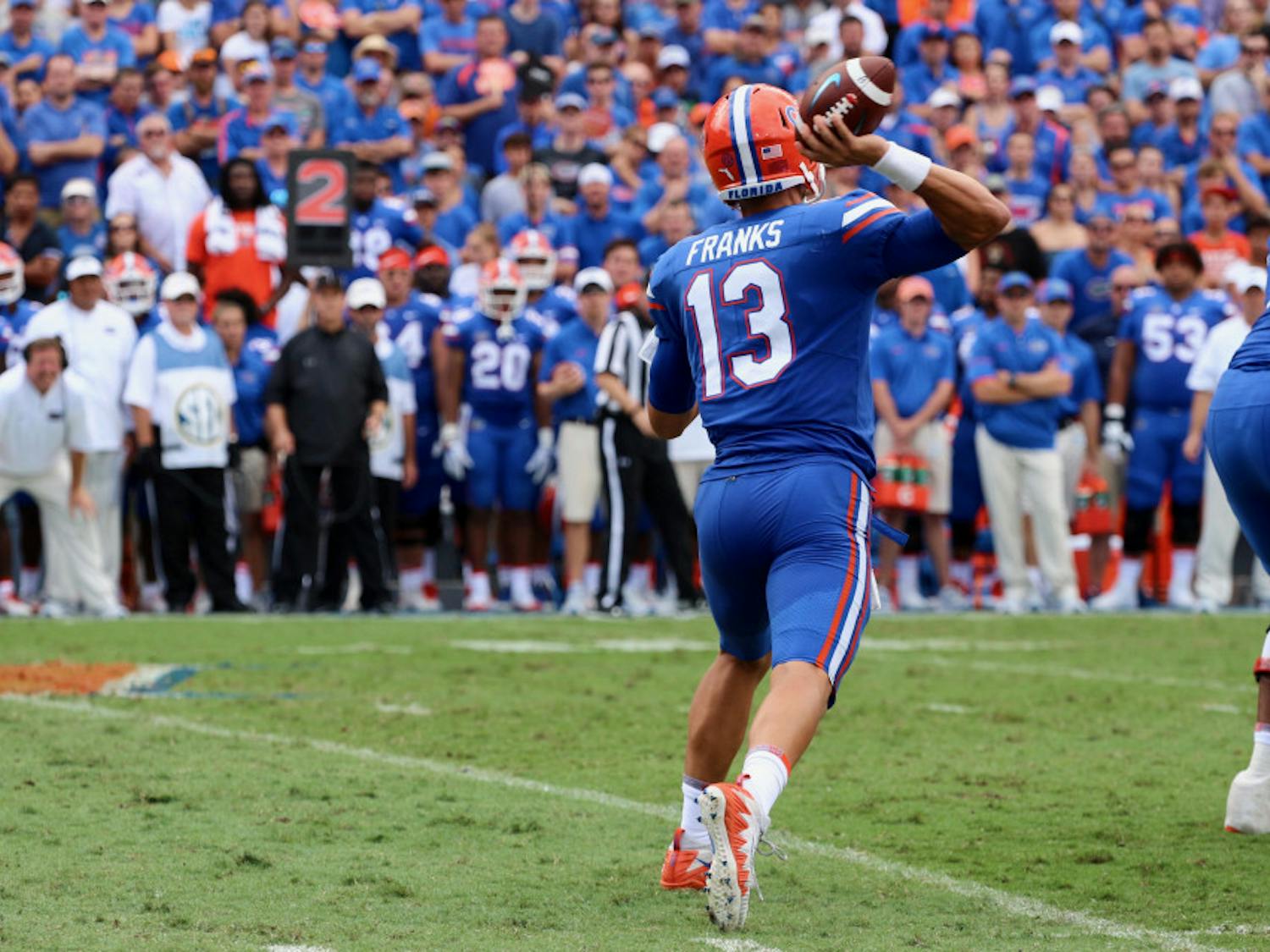 UF quarterback Feleipe Franks throws the ball during Florida's 26-20 win against Tennessee on Saturday at Ben Hill Griffin Stadium.