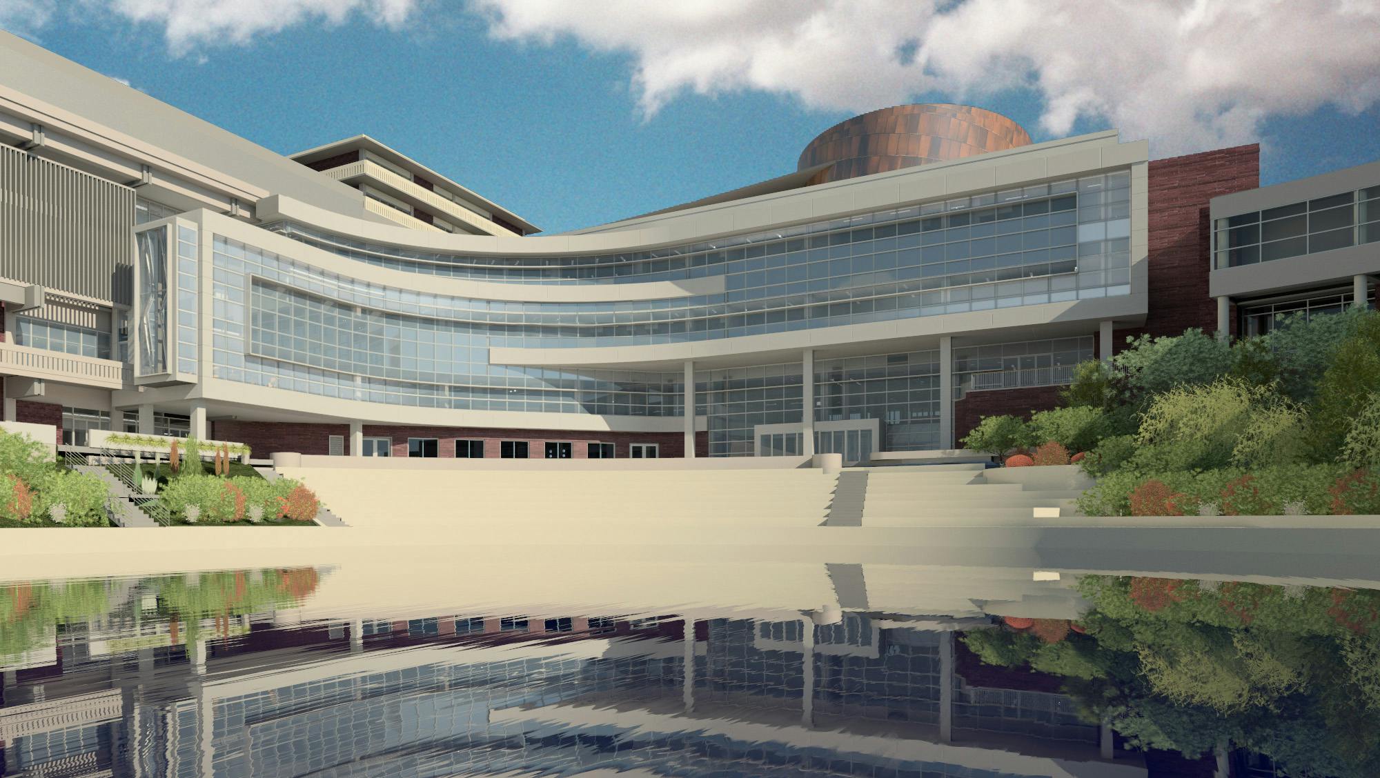 A rendering from the Make it Reitz website shows the proposed new Reitz Union Colonnade from the south side of Liberty Pond. Construction started in Summer 2013, is expected to cost about $75 million and should last for the next two years.