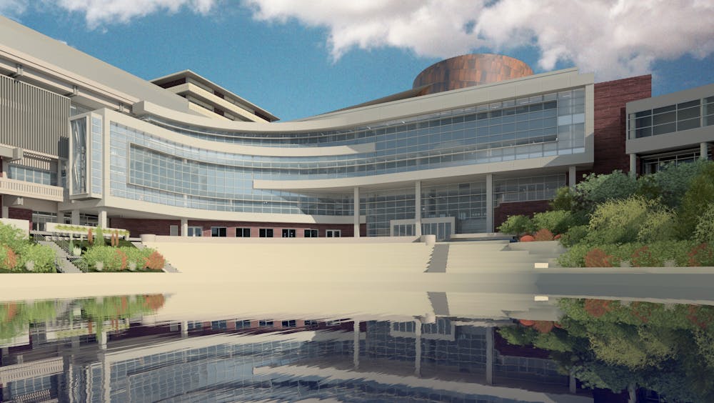 <p class="p1">A rendering from the <a href="http://www.makeitreitz.com" target="_blank">Make it Reitz website</a> shows the proposed new Reitz Union Colonnade from the south side of Liberty Pond. Construction started in Summer 2013, is expected to cost about $75 million and should last for the next two years.</p>