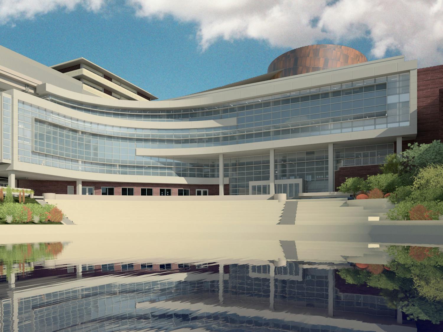 A rendering from the Make it Reitz website shows the proposed new Reitz Union Colonnade from the south side of Liberty Pond. Construction started in Summer 2013, is expected to cost about $75 million and should last for the next two years.