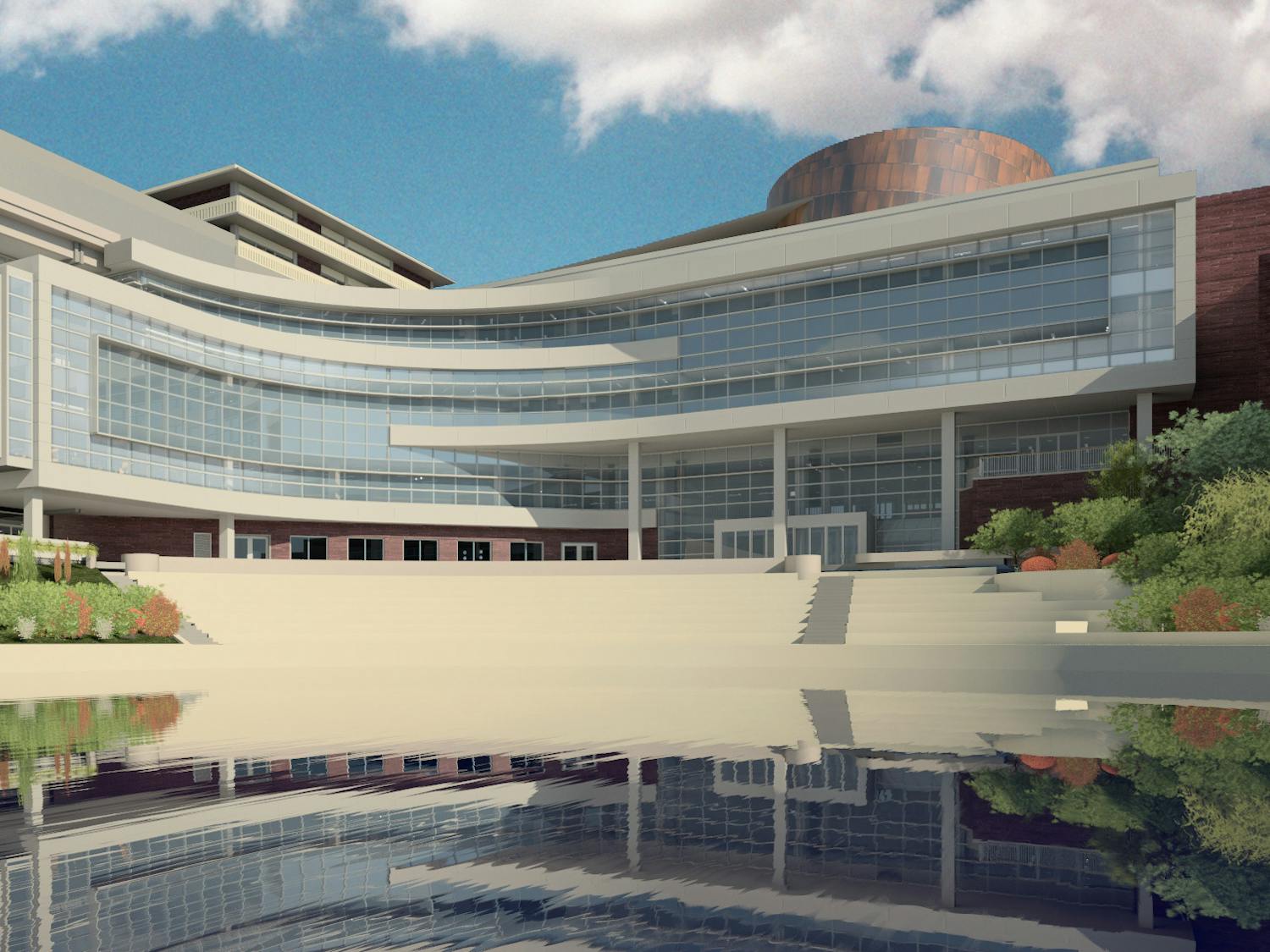 A rendering from the Make it Reitz website shows the proposed new Reitz Union Colonnade from the south side of Liberty Pond. Construction started in Summer 2013, is expected to cost about $75 million and should last for the next two years.