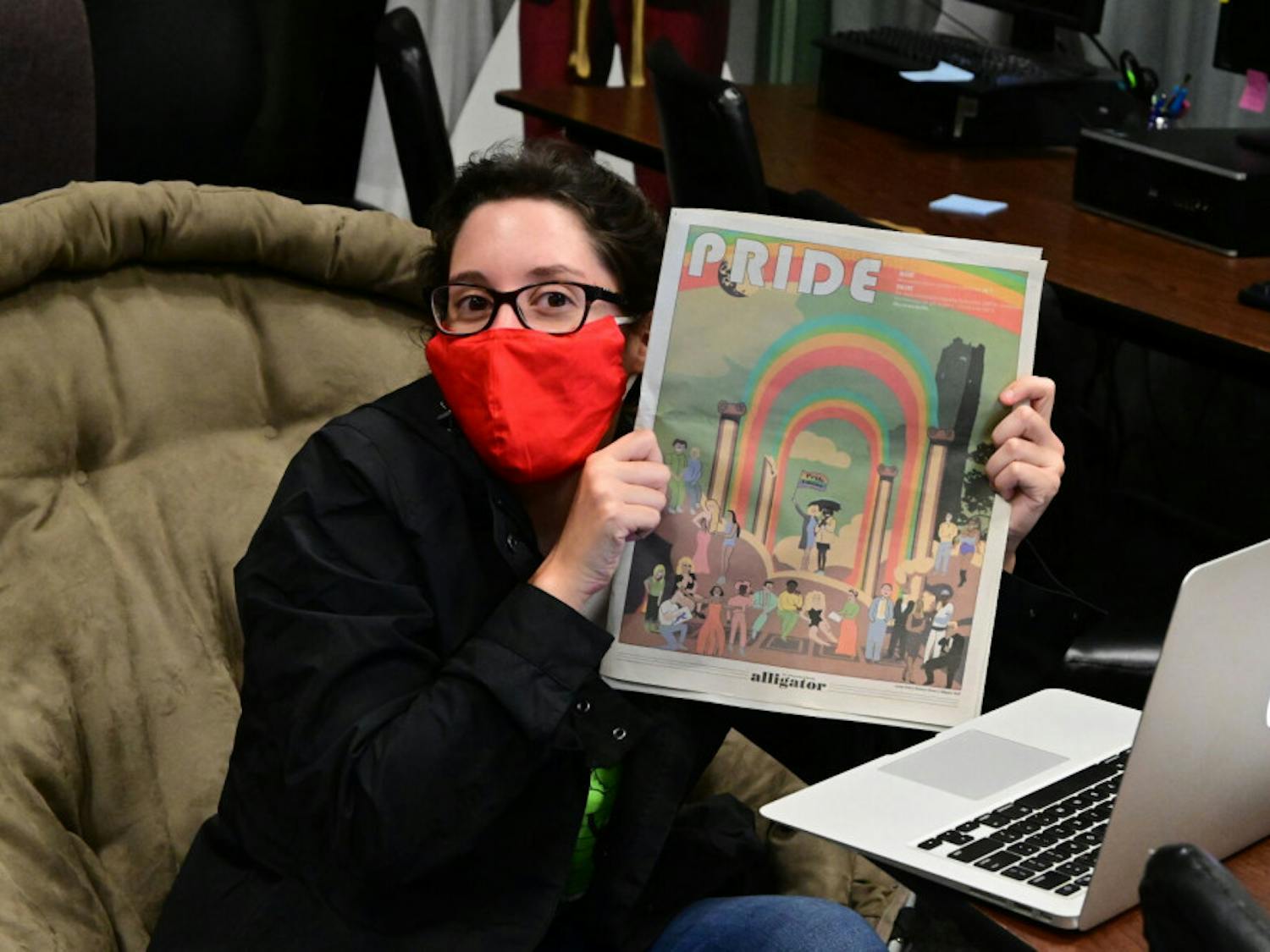 She's smiling under the mask.