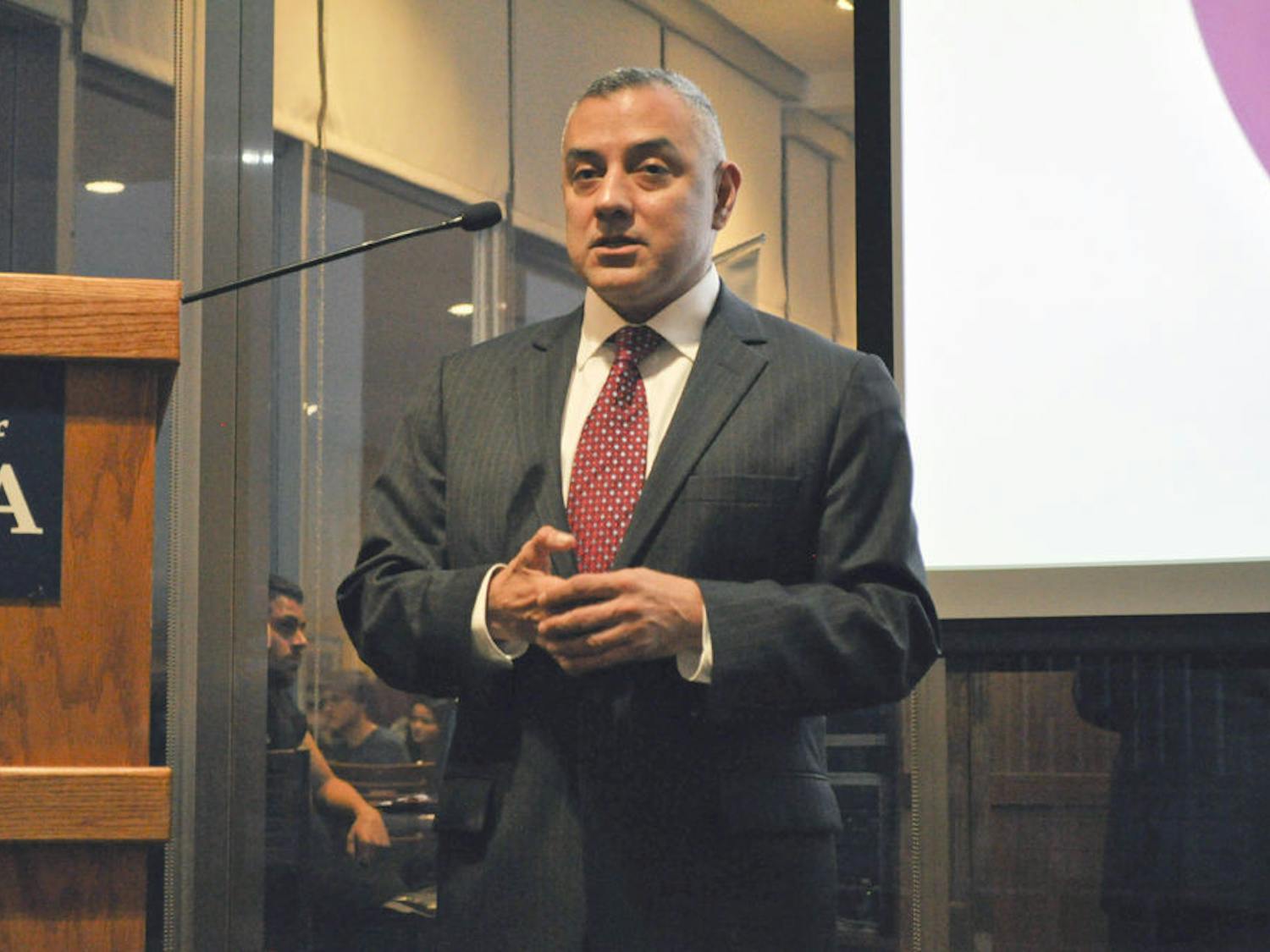 Retired Marine Sgt. Eric Alva speaks at Pride Awareness Month’s opening ceremonies on Monday. Alva, 43, was the first U.S. Marine injured in the Iraq War when he stepped on a landmine after being in Iraq for 3 hours, and helped to repeal Don’t Ask Don’t Tell. “The norm is about being happy and letting people live their lives,” he said.
Correction: The original cutline identified Sgt. Alva as a soldier, not a marine.