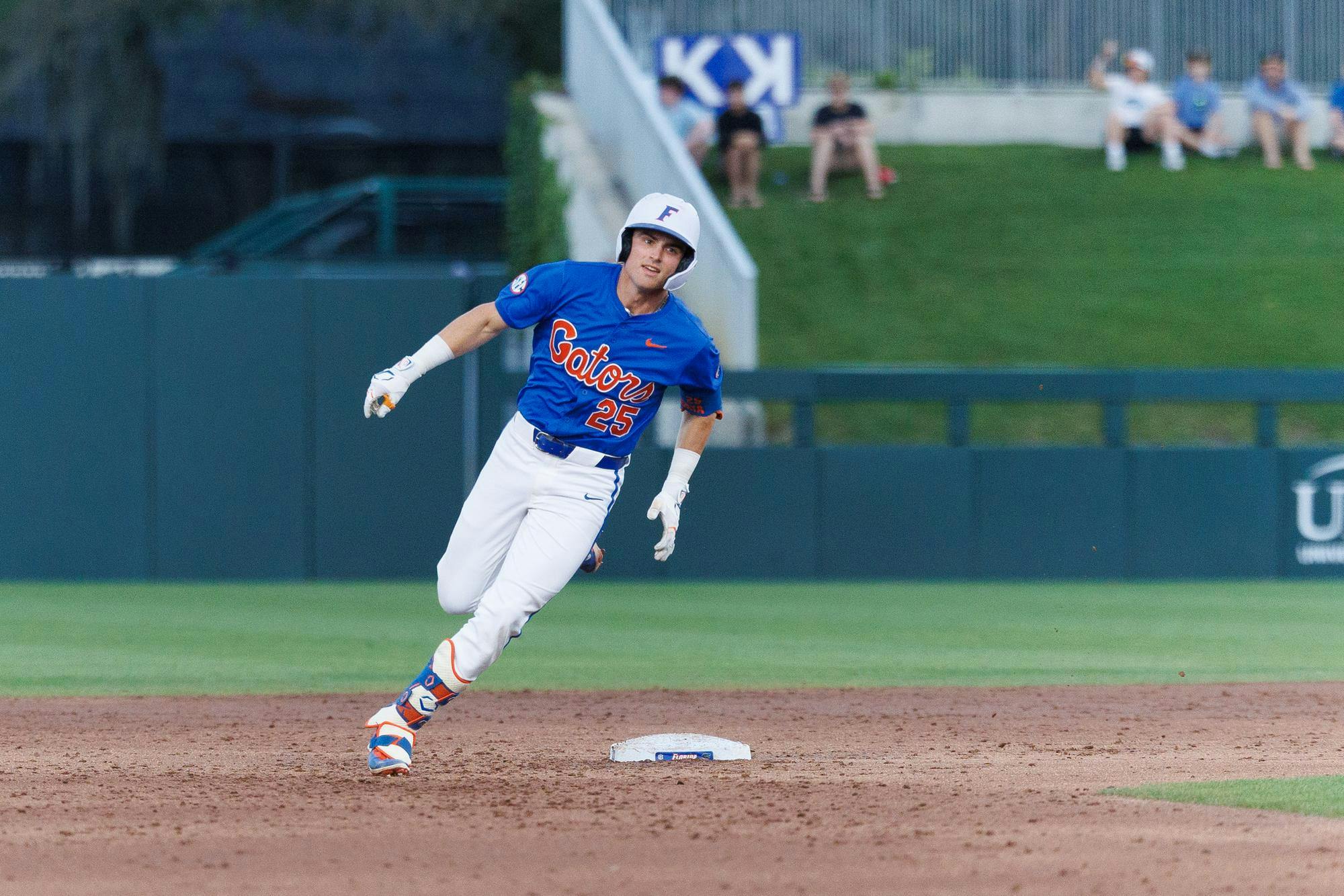 Florida infielder Kolt Myers (25) runs to third base during an NCAA baseball game against Jacksonville University, Tuesday, March 31, 2026, in Gainesville, Fla.