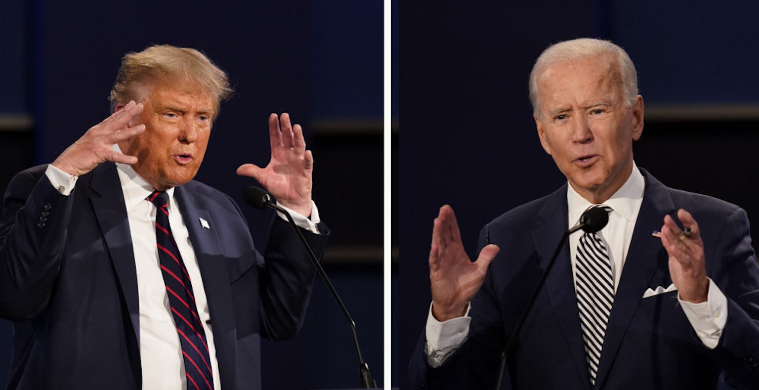 In this combination image of two photos showing both President Donald Trump, left, and former Vice President Joe Biden during the first presidential debate Tuesday, Sept. 29, 2020, at Case Western University and Cleveland Clinic, in Cleveland, Ohio.&nbsp;